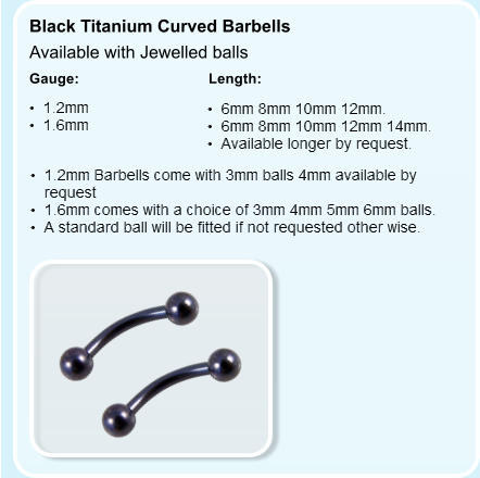 Black Titanium Curved Barbells  Available with Jewelled balls Length: Gauge: